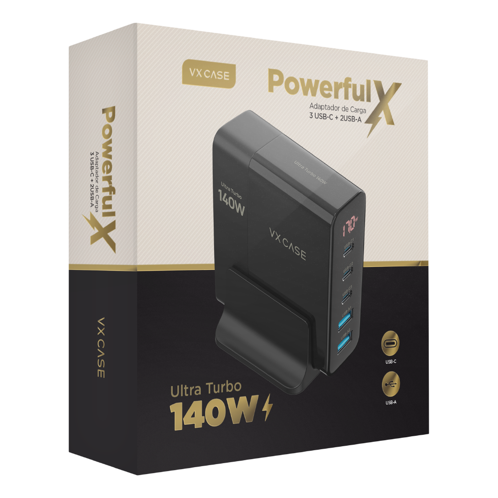 Carregador 5 em 1 Ultra Turbo 140W 3 USB-C e 2 USB-A Powerfull VX Case