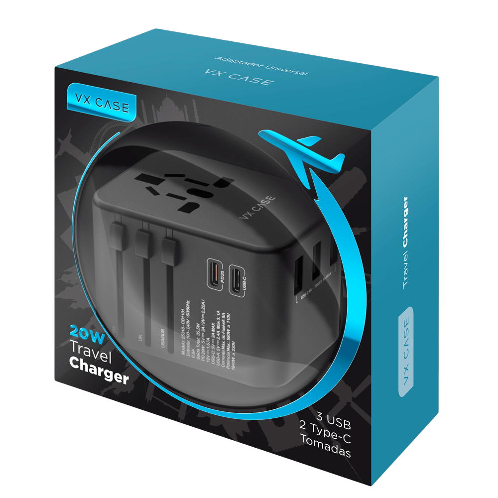 Adaptador Universal de Tomadas 3 USB e 2 Type-C - Santa Cruz