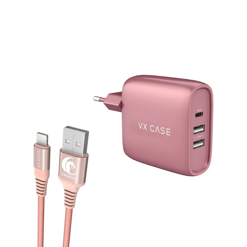 Kit Carregador 32w + Cabo Lightning Dragon Vx Case Rose