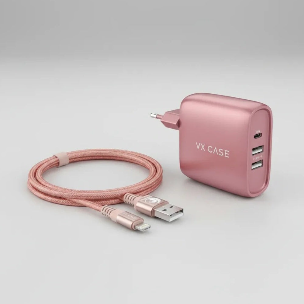 Kit Carregador 32w + Cabo Lightning Dragon Vx Case Rose
