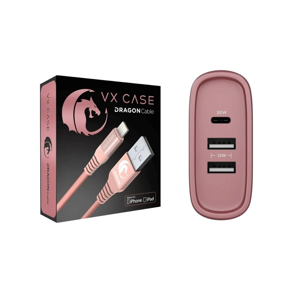 Kit Carregador 32w + Cabo Lightning Dragon Vx Case Rose